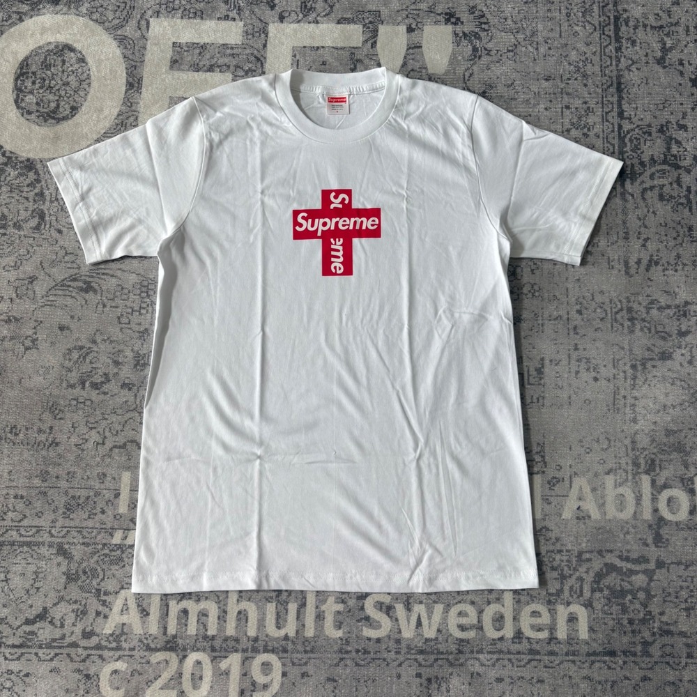 Supreme Cross Box Logo Tee Mens Small White Red FW20 T-Shirt Excellent